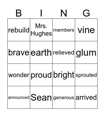 Vocabulary  Bingo Card