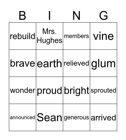 Vocabulary  Bingo Card