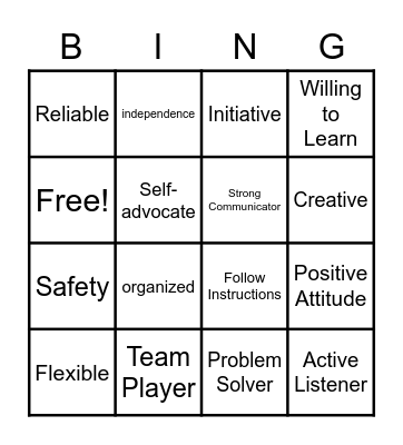 Work Relevant Skills Bingo Card
