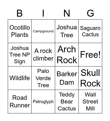 JOSHUA TREE NATIONAL PARK Bingo Card