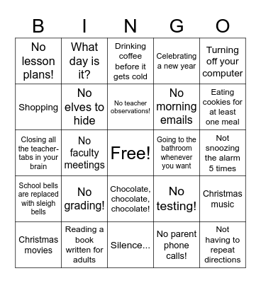 Christmas Break Luxuries Bingo Card
