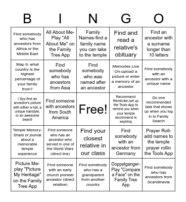 Family Search Bingo Card