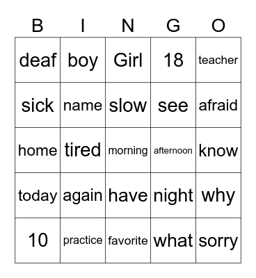 ASL Vocab Bingo Card