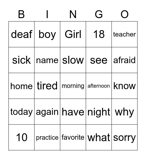 ASL Vocab Bingo Card