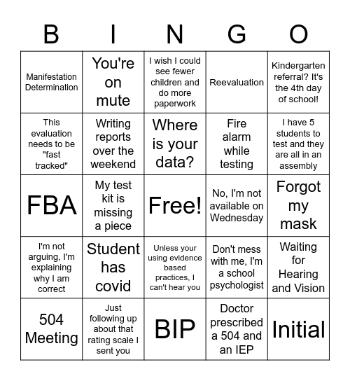School Psychology Bingo Card