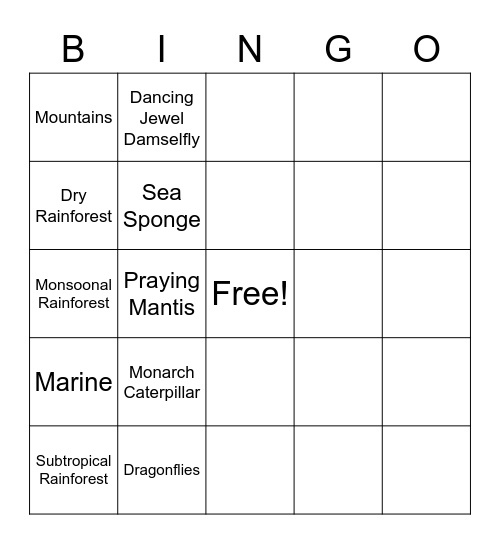 Ecological Bingo Card