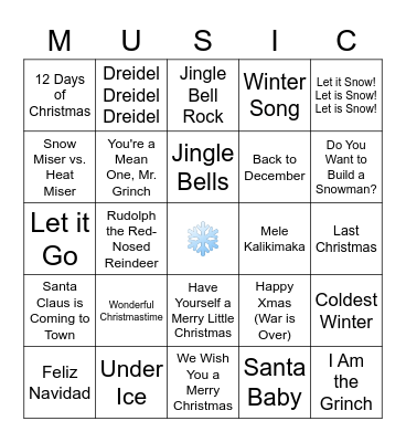 Winter & Holiday Music Bingo Card
