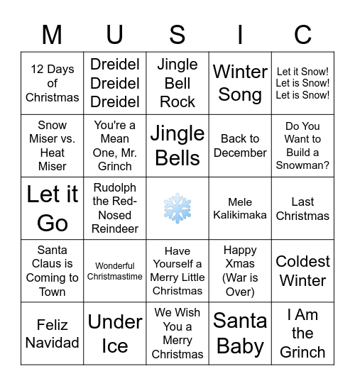 Winter & Holiday Music Bingo Card