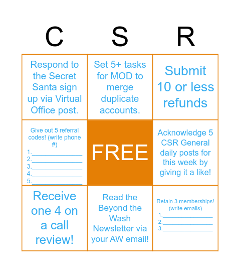 CSR Superstar Bingo (Week of 12/12/22) Bingo Card