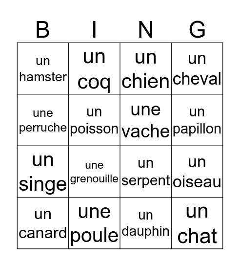 Les animaux Bingo Card