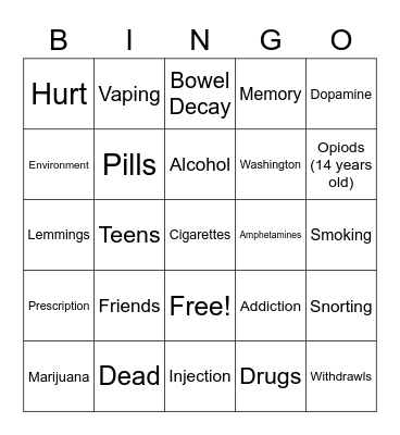 Scout Drug & Alcohol Program Bingo Card