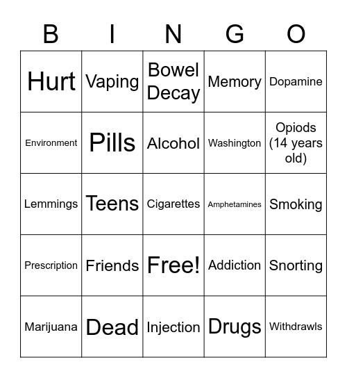 Scout Drug & Alcohol Program Bingo Card
