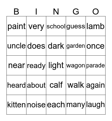 Core vocabulary Bingo Card