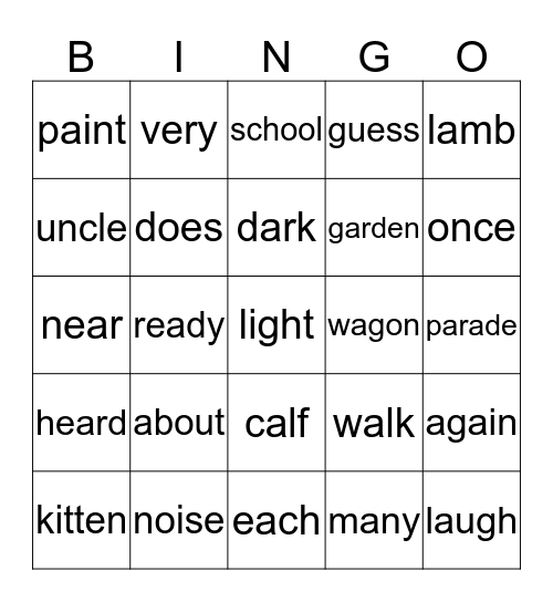 Core vocabulary Bingo Card