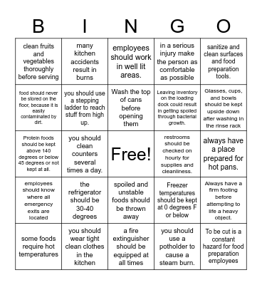 food safety bingo Card