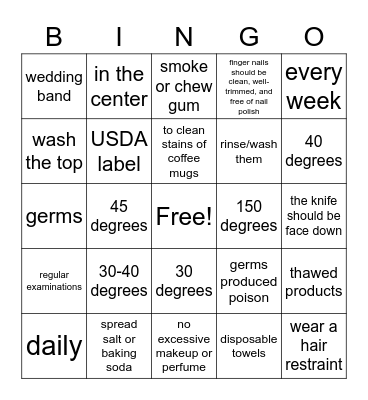 Food safty Bingo Card