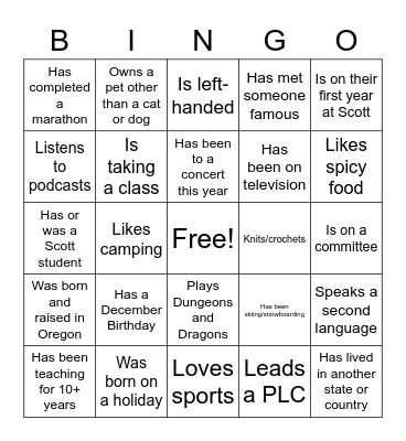 Winter Staff Bingo Card