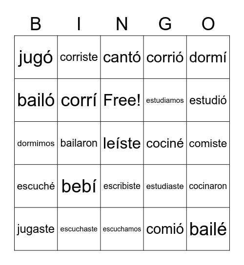 Lotería - El Pretérito Regular Bingo Card