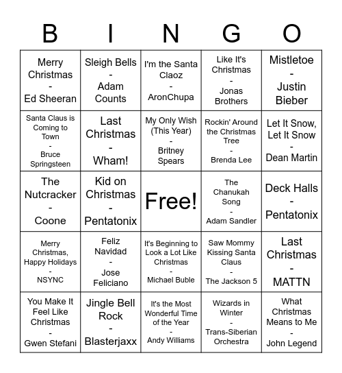 Holiday Bops Bingo Card