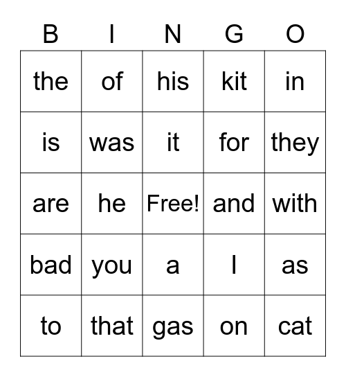 Most Common Words 1 and 2 Bingo Card