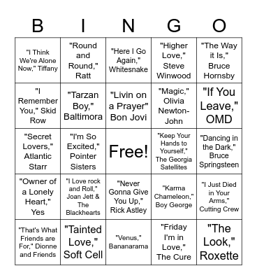 80's Songs Bingo Card