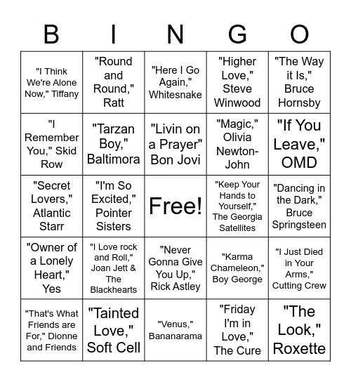 80's Songs Bingo Card