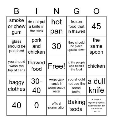 food safety Bingo Card