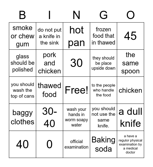 food safety Bingo Card