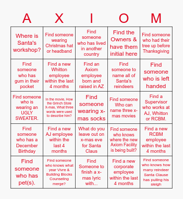 Axiom Christmas Bingo Card
