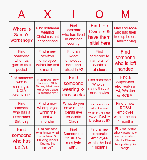 Axiom Christmas Bingo Card