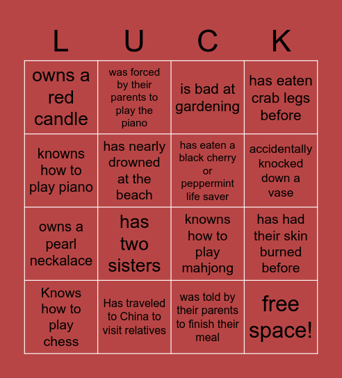 The Joy Luck Club Bingo Card