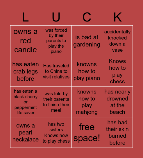 The Joy Luck Club Bingo Card