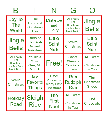 Christmas Song BINGO Card