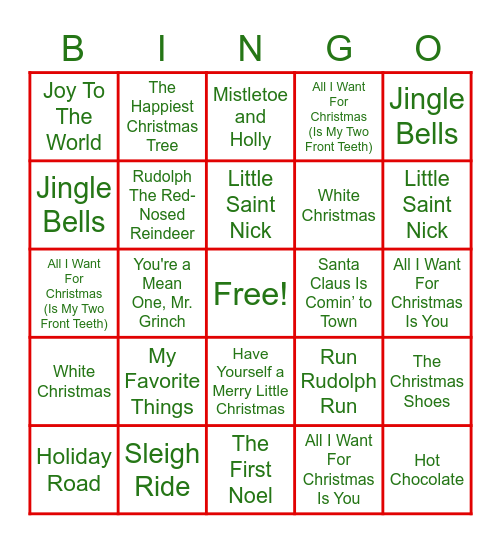 Christmas Song BINGO Card