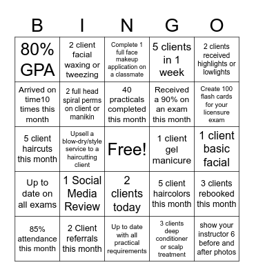 Cosmetology Bingo Card