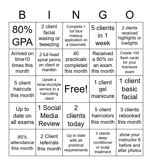 Cosmetology Bingo Card