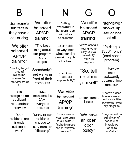 Pathology Interview Bingo Card