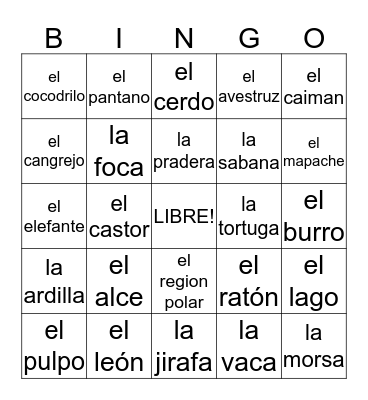 Bingo de animales Bingo Card