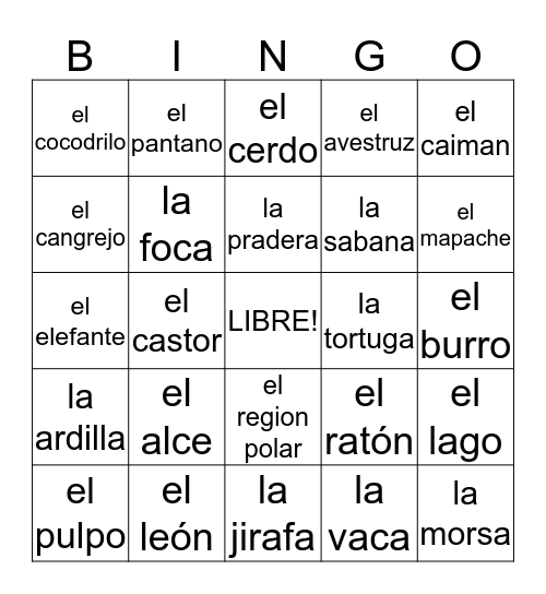Bingo de animales Bingo Card