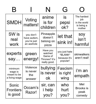 Smooth Brain Bingo Card