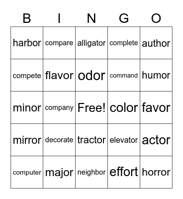 OR /er/ & COM /kuhm/ Bingo Card