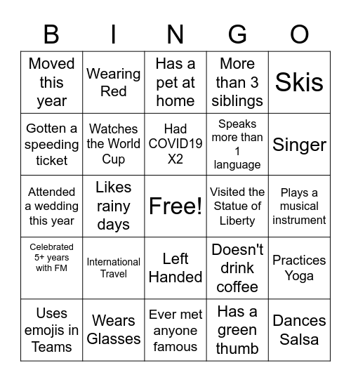 Holiday Team Event Bingo Card