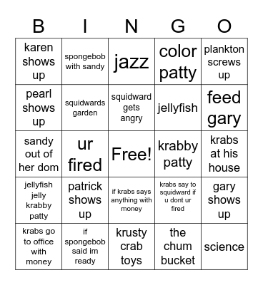 spongebob bingo Card