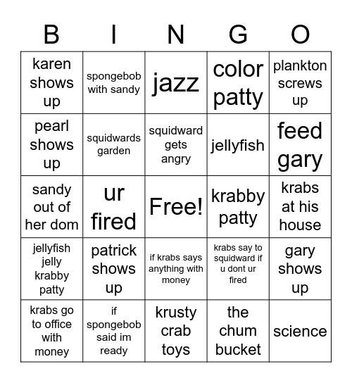 spongebob bingo Card