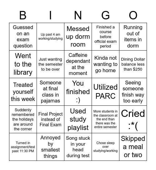 FINAL EXAM BINGO! Bingo Card