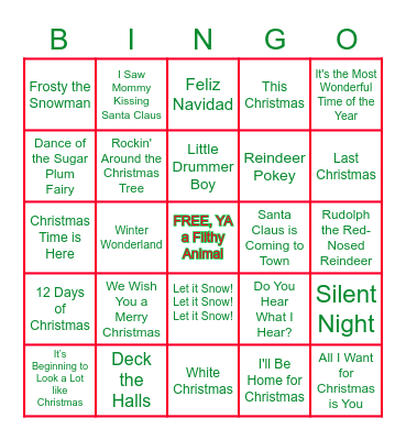 Holiday Music Bingo Card