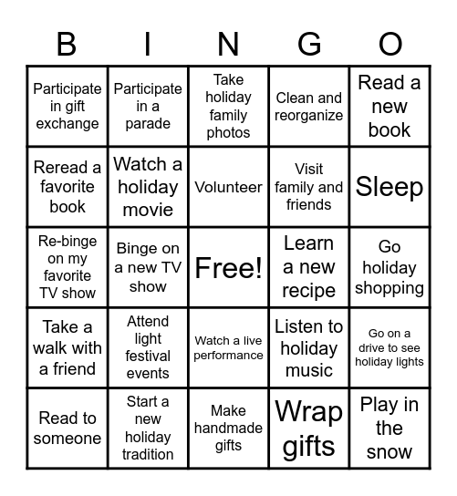My Favorite Holiday Activities Bingo Card