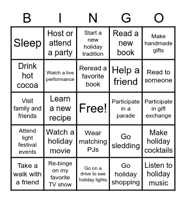 My Favorite Holiday Activities Bingo Card