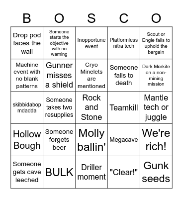 DRG Bingo Card