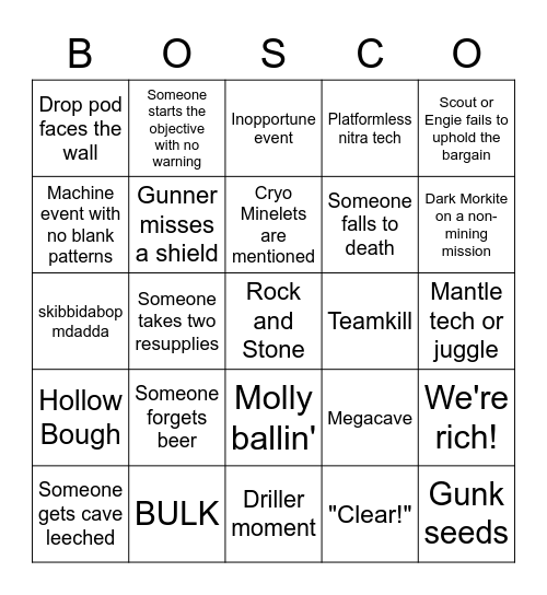 DRG Bingo Card